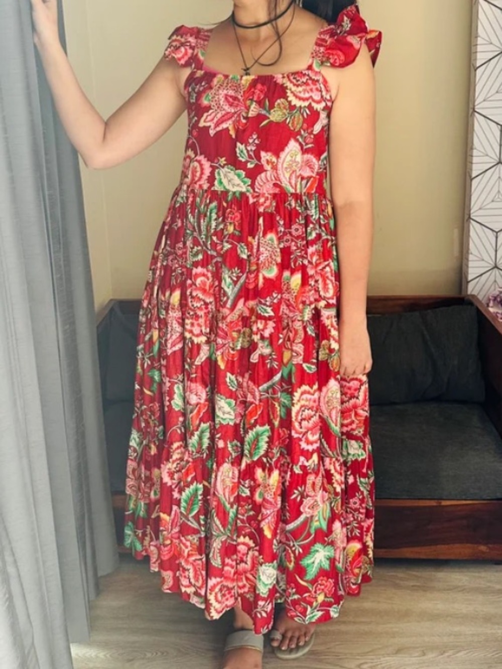 Sleeveless Red Cotton Floral, Easy Breezy Boho Summer Sundress, S